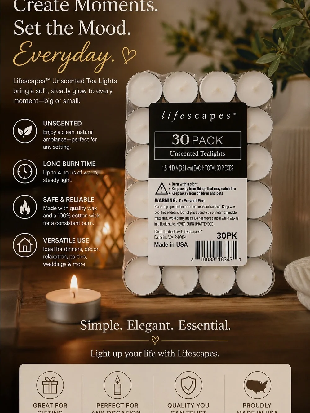 Lifescapes Unscented Tea Light Candles – 5 - 30 Packs ( 180 tea lights)